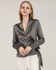 Elegant Fitted Wrap Silk Blouse For Women