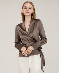 Elegant Fitted Wrap Silk Blouse For Women Dark Grey