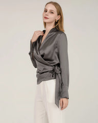 Elegant Fitted Wrap Silk Blouse For Women