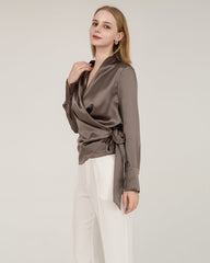 Elegant Fitted Wrap Silk Blouse For Women Dark Grey