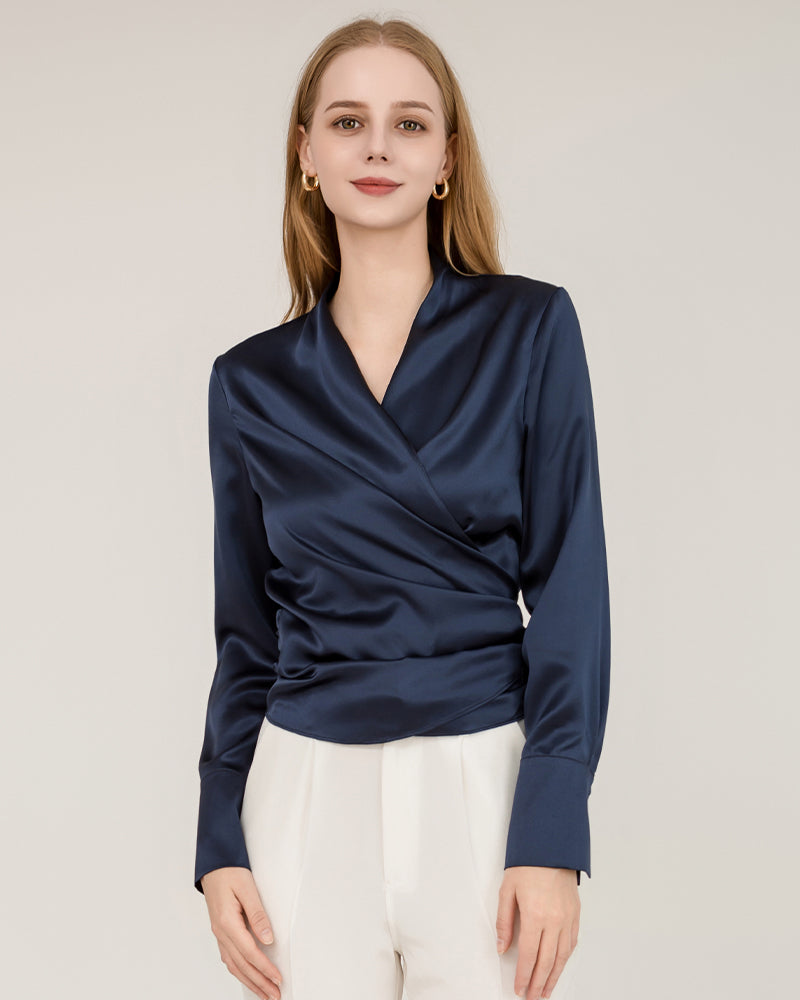 Elegant Fitted Wrap Silk Blouse For Women Navy