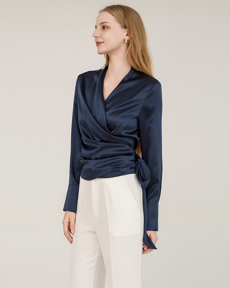 Elegant Fitted Wrap Silk Blouse For Women Navy