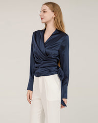 Elegant Fitted Wrap Silk Blouse For Women Navy
