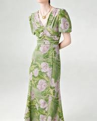 Silk Floral V-Neck Puff Sleeve Midi Dress