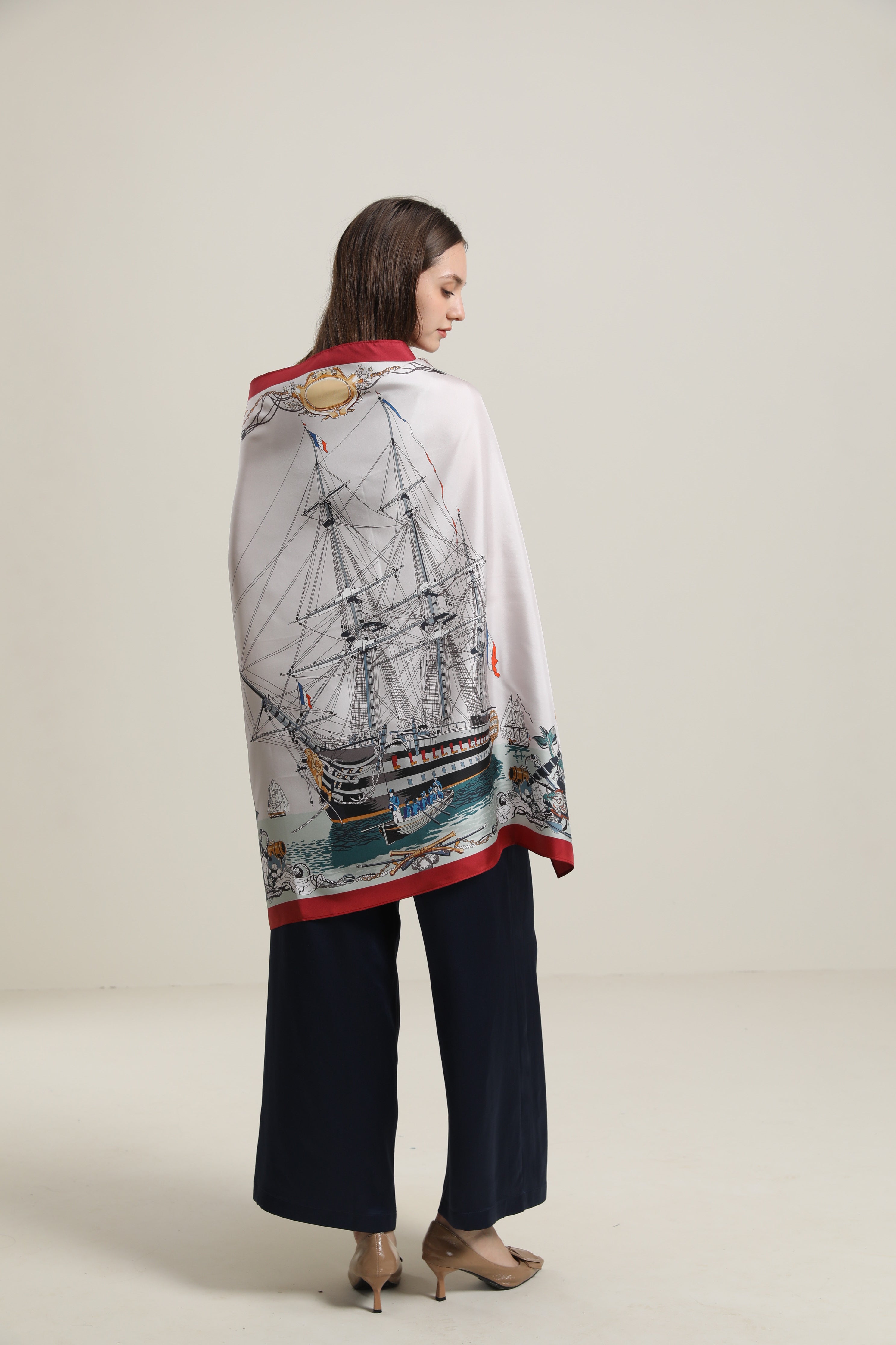 Silk Graceful Scarf with Boat Pattern