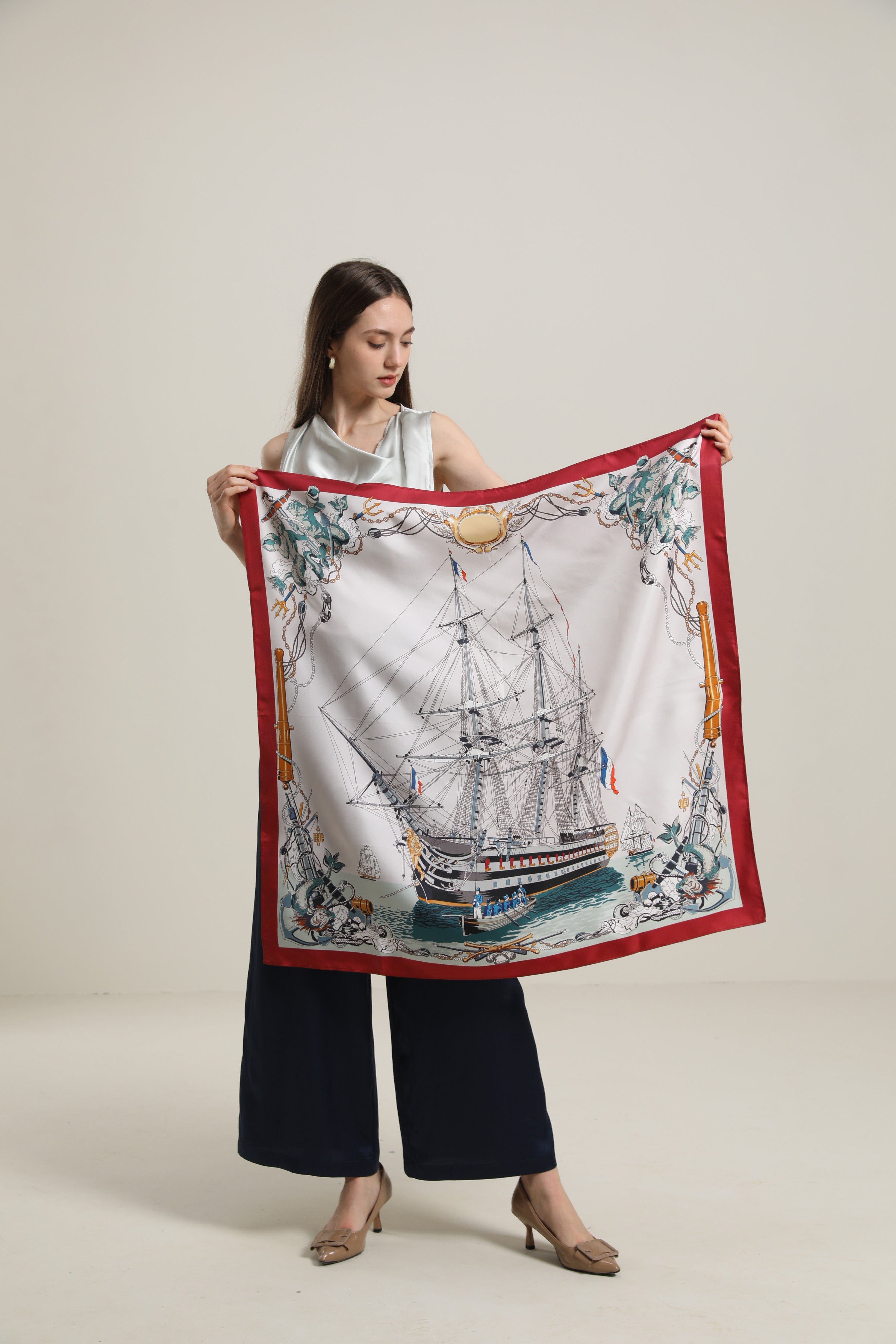 Silk Graceful Scarf with Boat Pattern