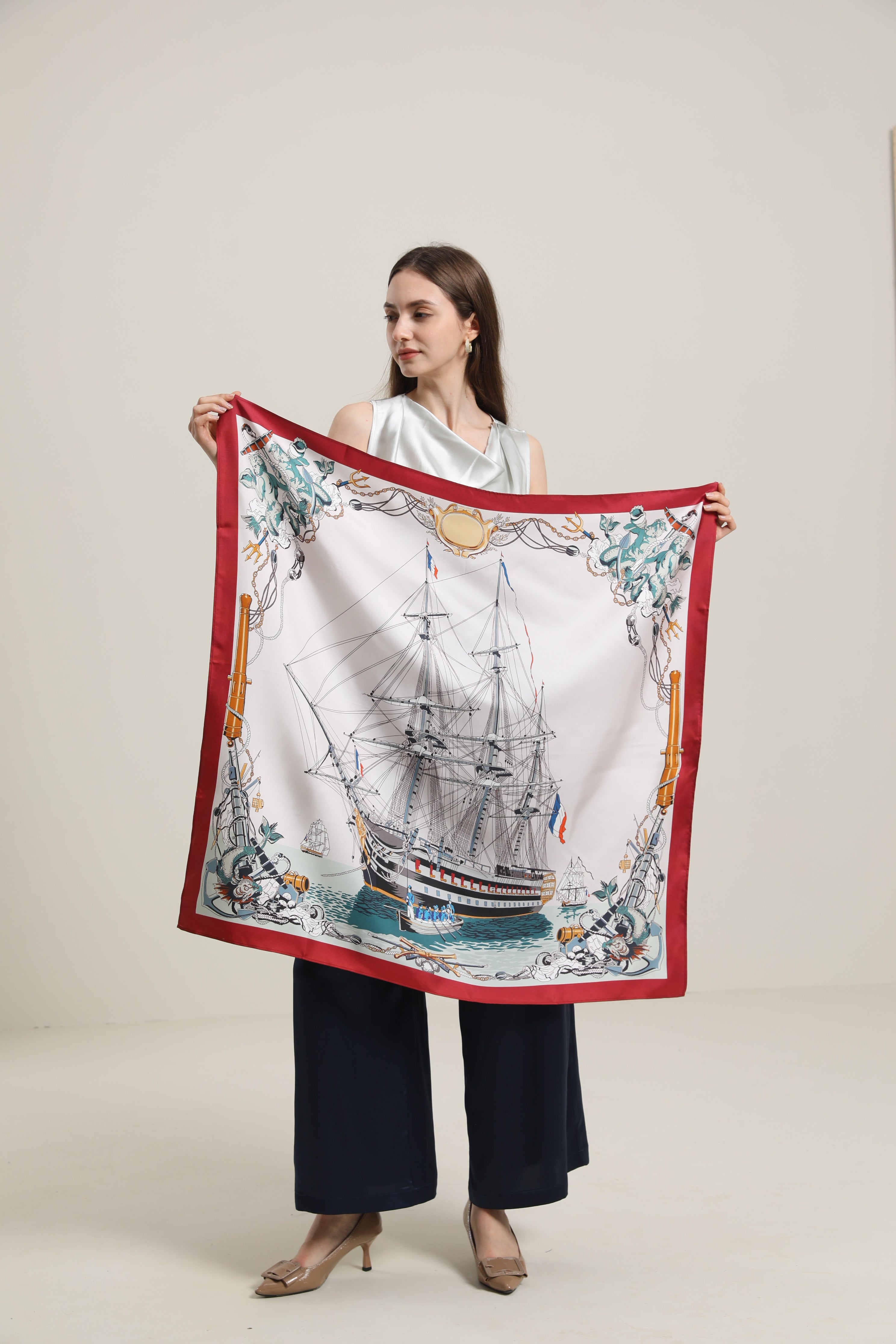 Silk Graceful Scarf with Boat Pattern