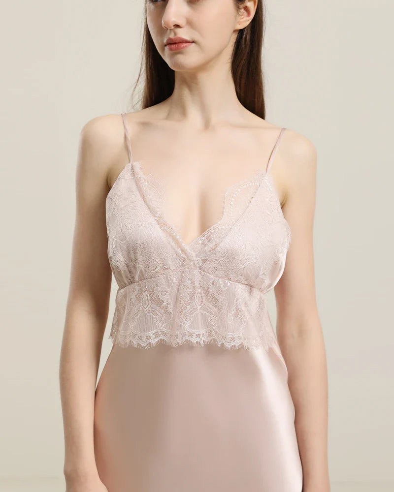 Silk Lace Nightgown Slip Dress Pink