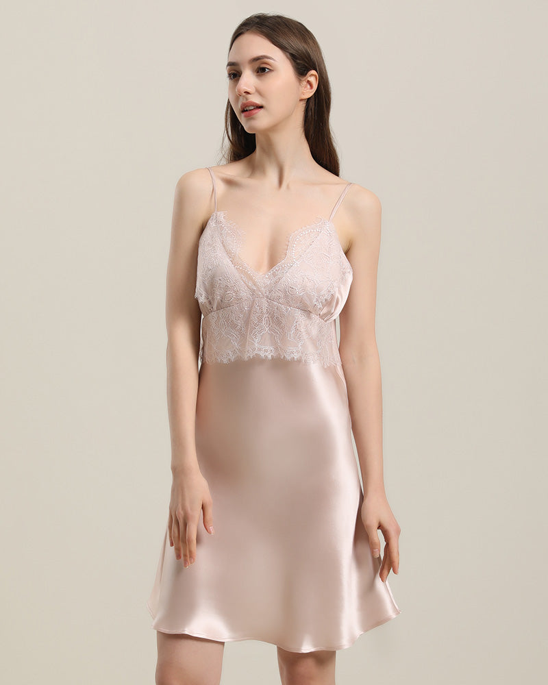 Silk Lace Nightgown Slip Dress Pink