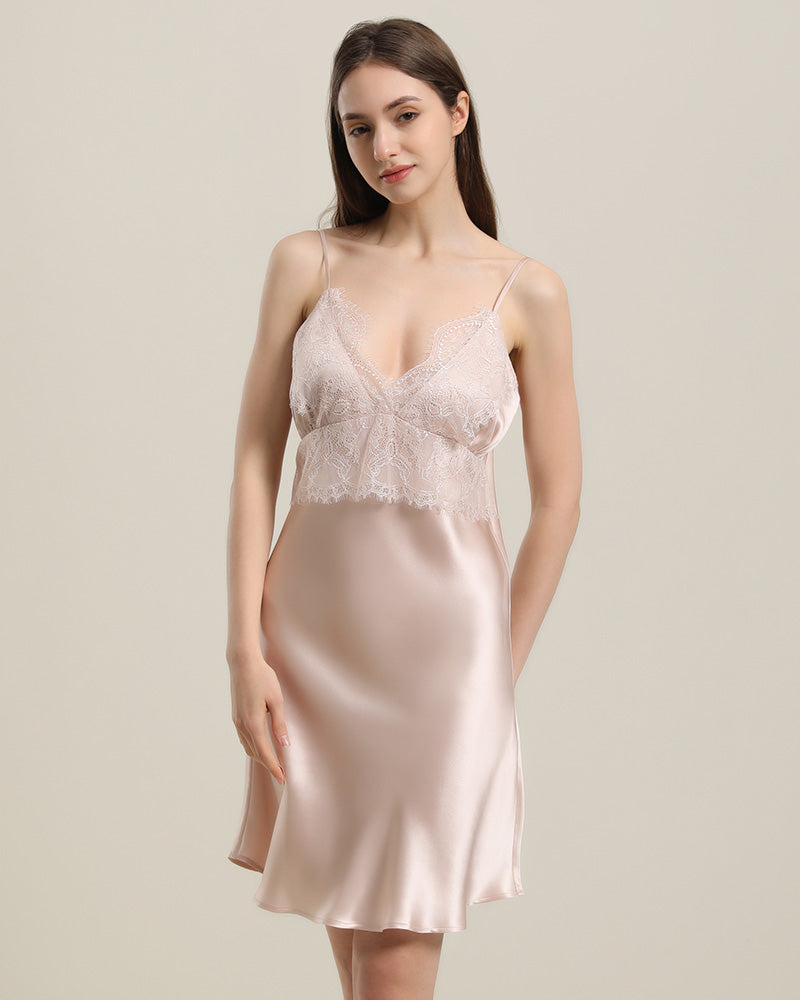 Silk Lace Nightgown Slip Dress Pink