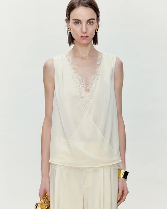 Silk Lace Trim V Neck Sleeveless Top