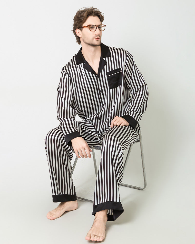 DAISYSILK 100 Silk Men's Black And White Striped Pajamas Set