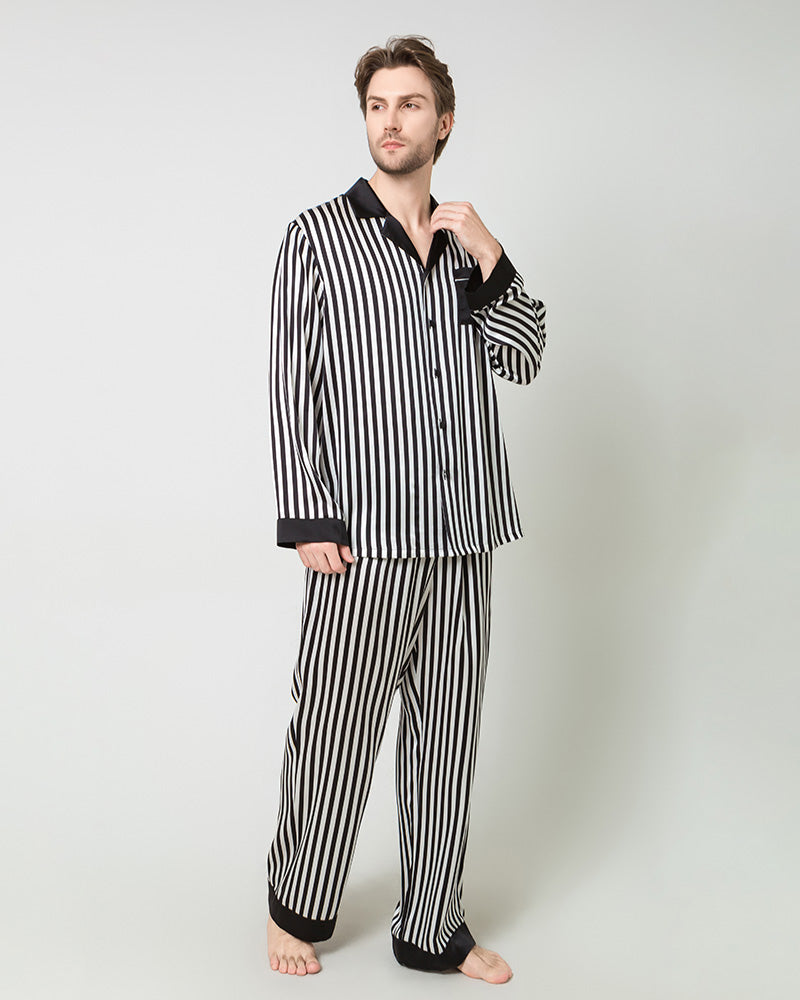 Silk Men's Black And White Striped Pajamas Set