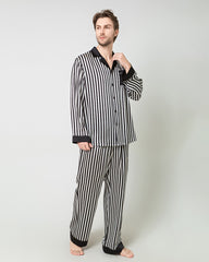 Silk Men's Black And White Striped Pajamas Set