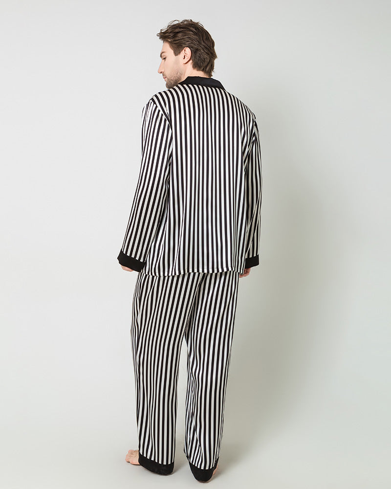Silk Men's Black And White Striped Pajamas Set