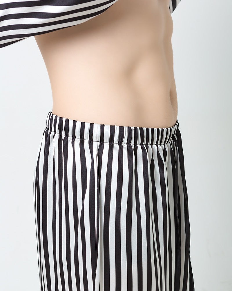 Silk Men's Black And White Striped Pajamas Set