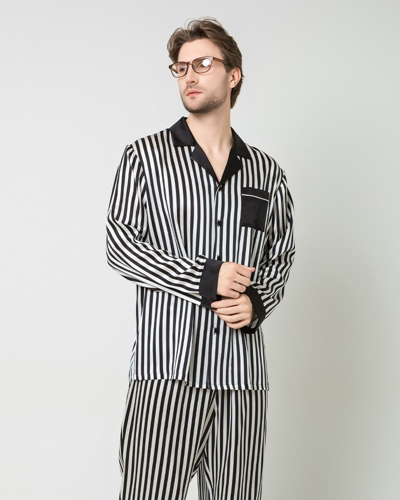 Silk Men's Black And White Striped Pajamas Set