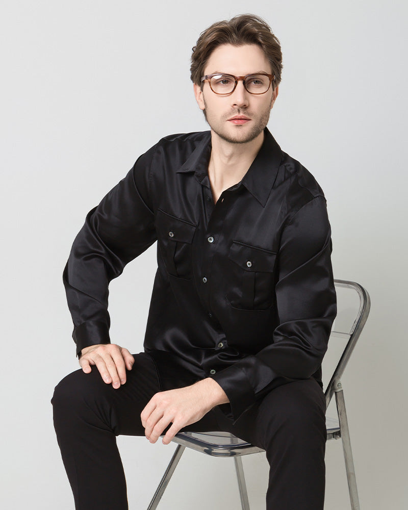 Silk Men's Button Up Shirt Black
