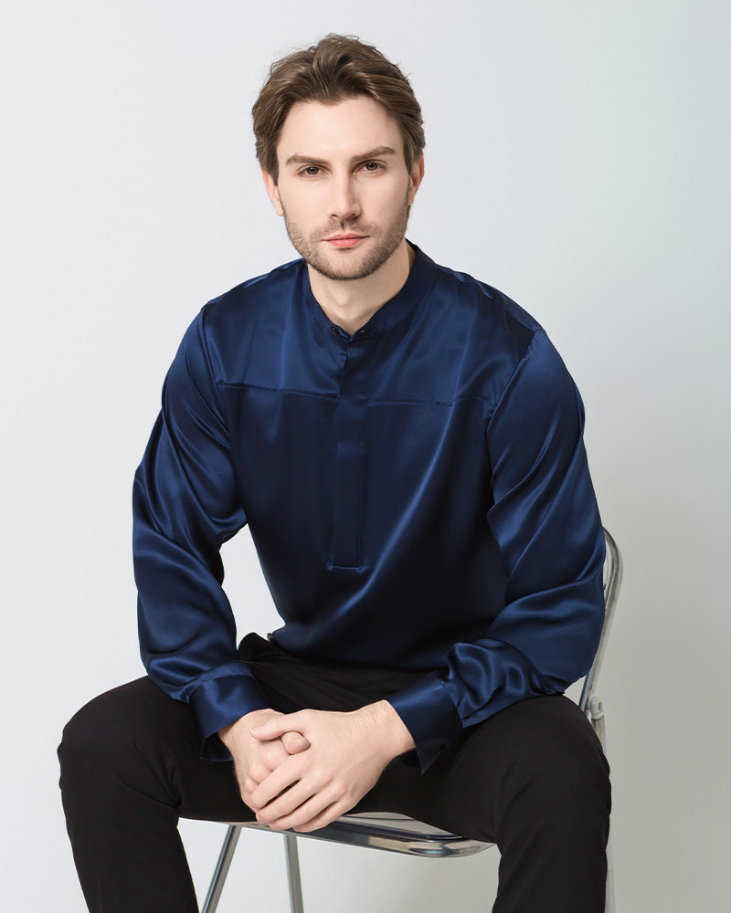 Men Silk Casual Long Sleeve Shirt Navy
