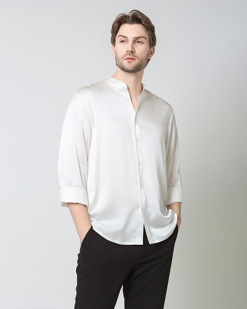 Silk Men's Casual Long Sleeve Shirt White