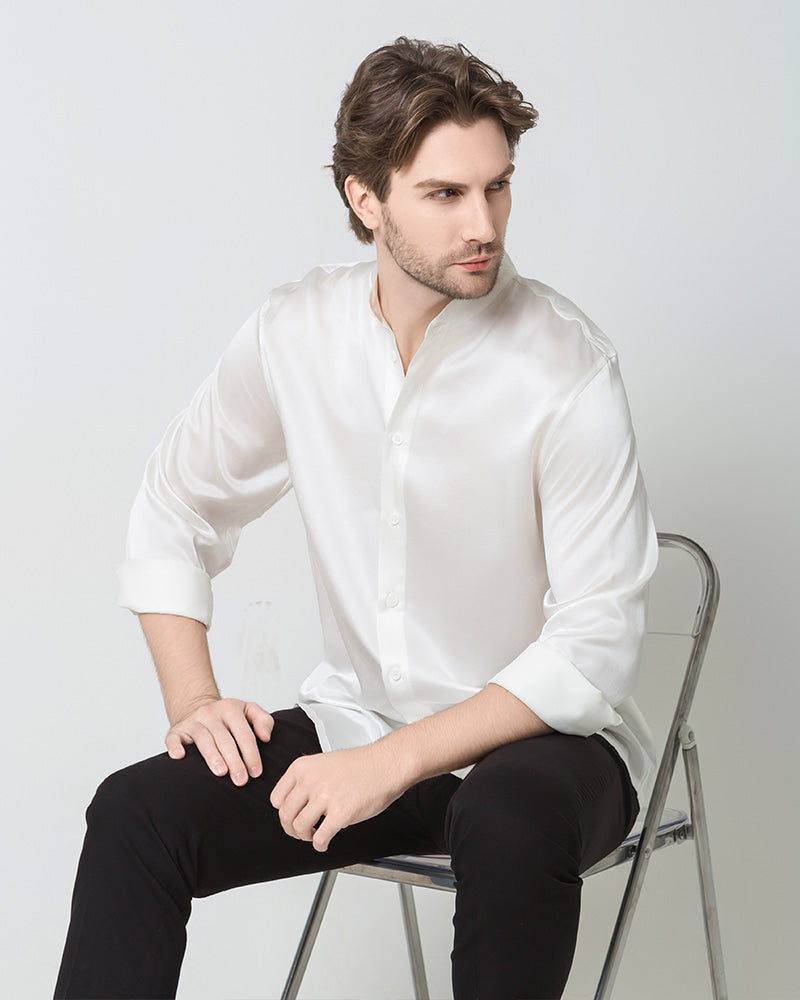 Silk Men's Casual Long Sleeve Shirt White