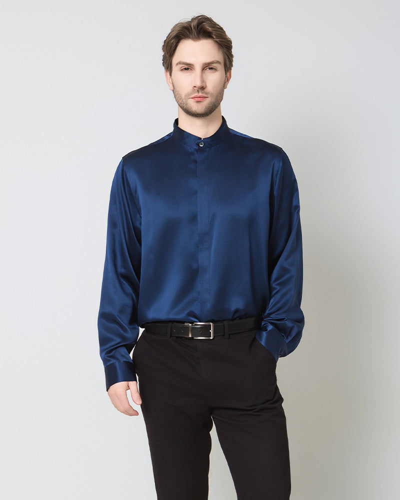 Silk Men's Casual Loose Office Shirt Navy