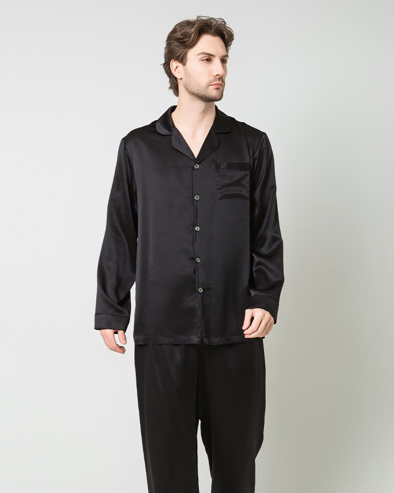 Silk Men's Loosen Long Pajamas Black