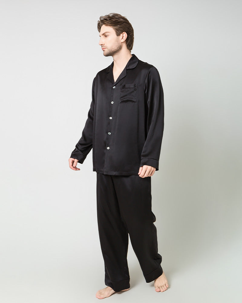 Silk Men's Loosen Long Pajamas Black