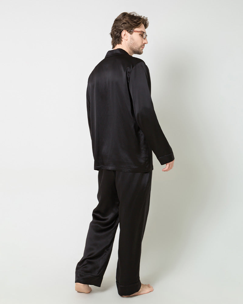 Silk Men's Loosen Long Pajamas Black