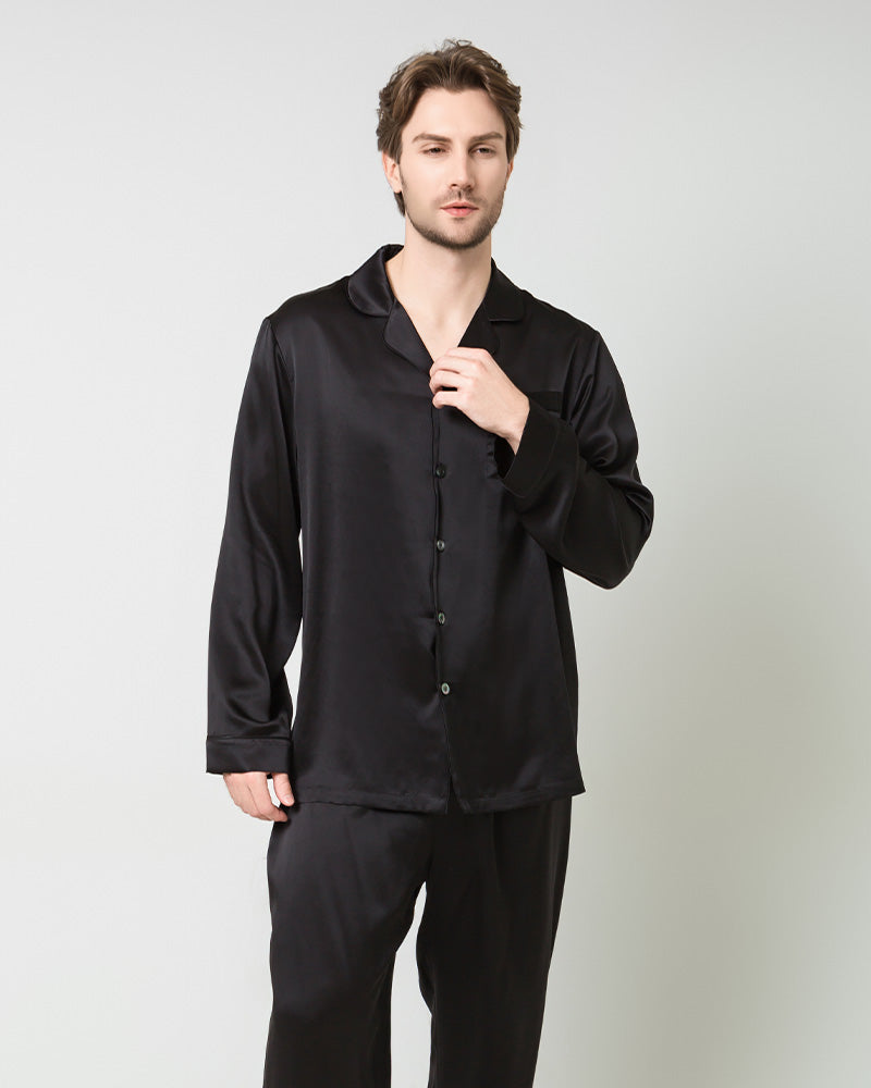Silk Men's Loosen Long Pajamas Black