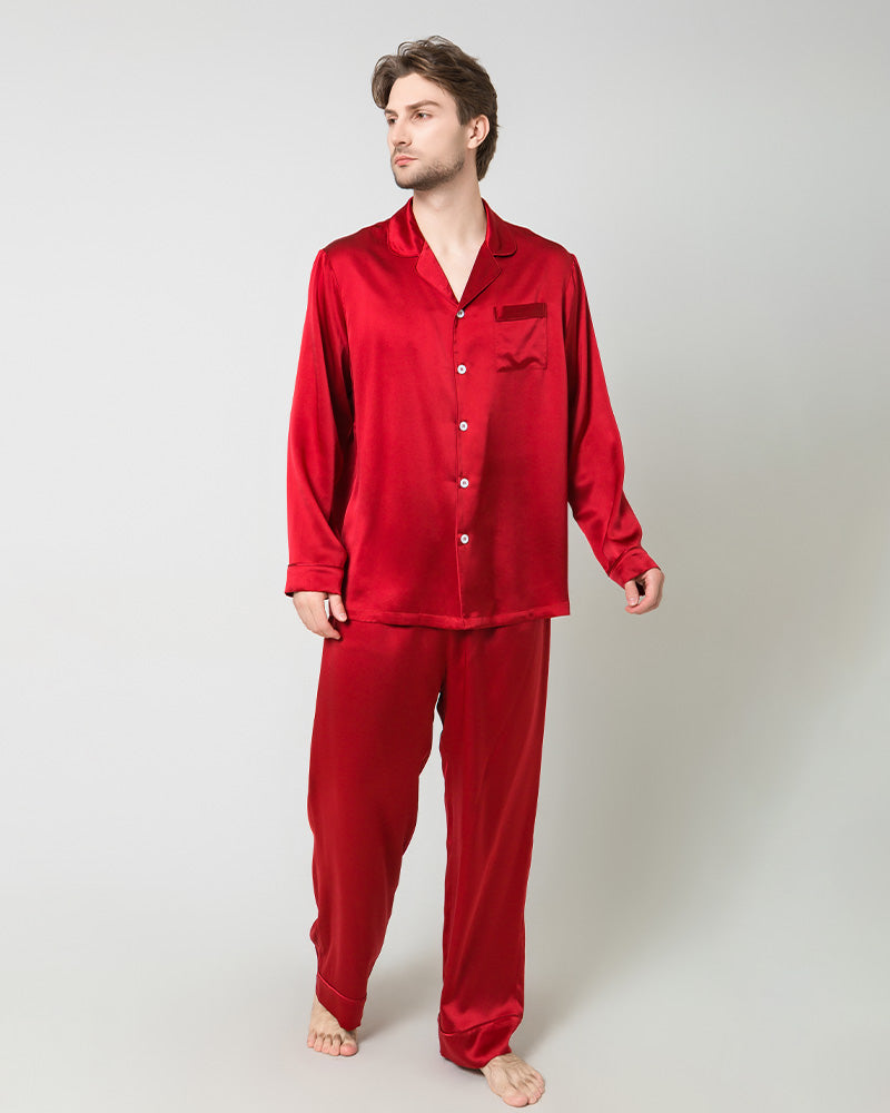Silk Men's Loosen Long Pajamas Burgundy