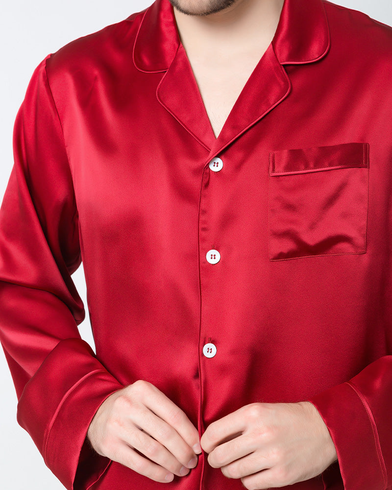 Silk Men's Loosen Long Pajamas Burgundy