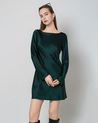 Silk Open-Back Long Sleeve Mini Dress Emerald