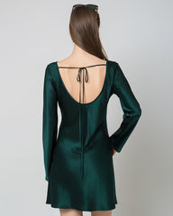 Silk Open-Back Long Sleeve Mini Dress Emerald