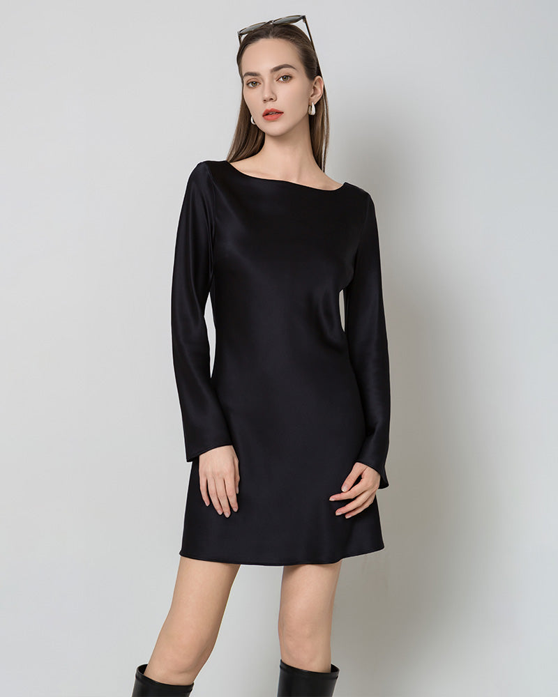 Silk Open-Back Long Sleeve Mini Dress Black