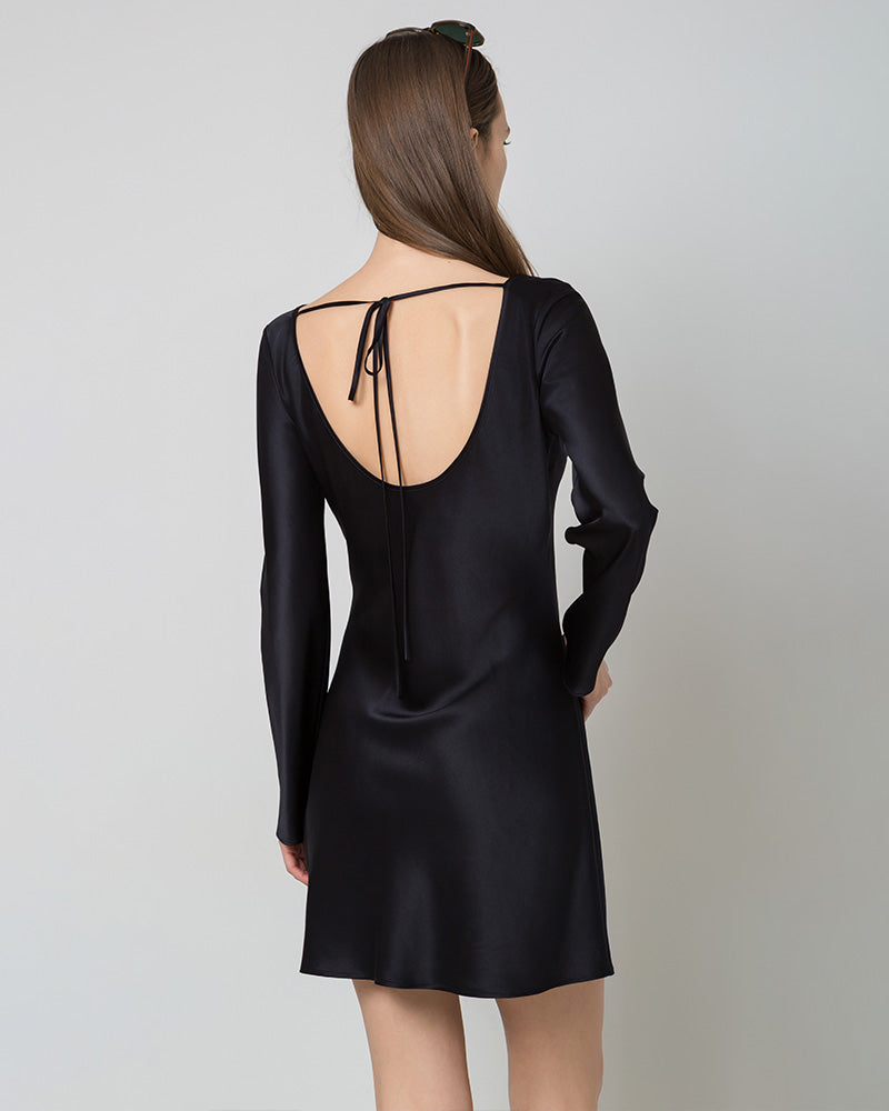 Silk Open-Back Long Sleeve Mini Dress Black