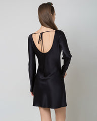 Silk Open-Back Long Sleeve Mini Dress Black