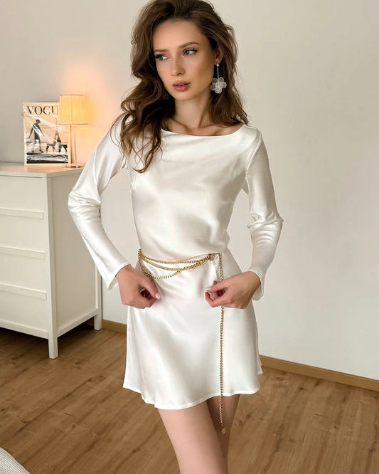 Silk Open-Back Long Sleeve Mini Dress