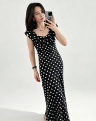 Silk Polka Dot Ruffle Neckline Maxi Dress