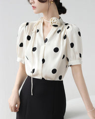 Silk Polka Dot Top with Rose Choker