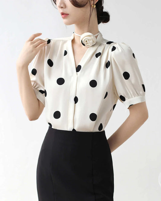 Silk Polka Dot Top with Rose Choker
