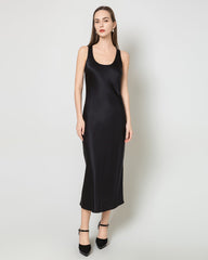 Silk Round Neck Cinched Waist Long Dress Black