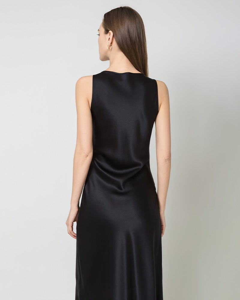 Silk Round Neck Cinched Waist Long Dress Black
