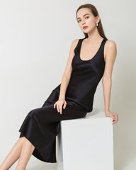 Silk Round Neck Cinched Waist Long Dress Black