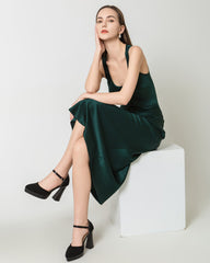 Silk Round Neck Cinched Waist Long Dress Emerald
