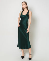 Silk Round Neck Cinched Waist Long Dress Emerald