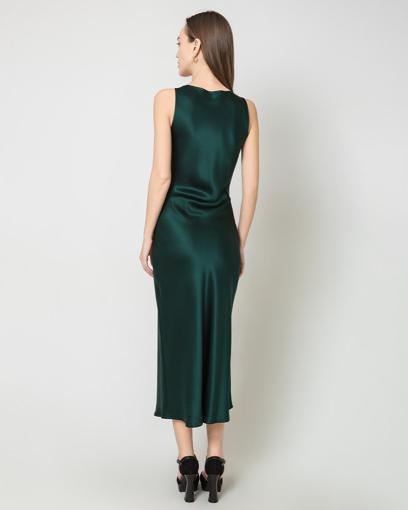 Silk Round Neck Cinched Waist Long Dress Emerald