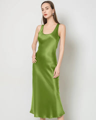 Silk Round Neck Cinched Waist Long Dress