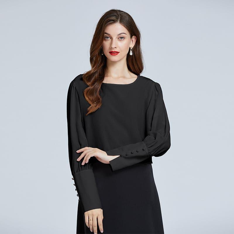 Silk Round Neck Lantern Sleeve Women Shirt Black