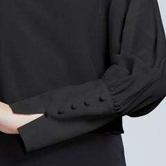Silk Round Neck Lantern Sleeve Women Shirt Black